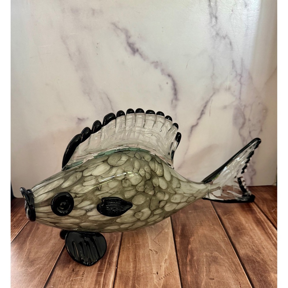 Large Hand Blown Art Glass Fish Figurine Grey White Black Mottled 17" Sculpture